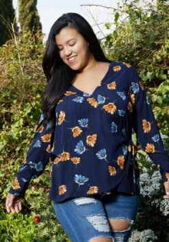 Pleione Wrap Front Long Sleeve Plus Size Women Clothing Blouse