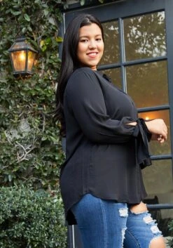 Pleione Self-tie Bell Cuff Plus Size Women Clothing Button Down Shirt Blouse