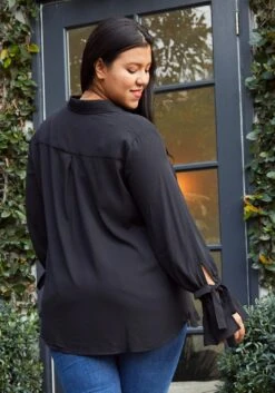 Pleione Self-tie Bell Cuff Plus Size Women Clothing Button Down Shirt Blouse -Curve Elegance Shop 2000623 001 3