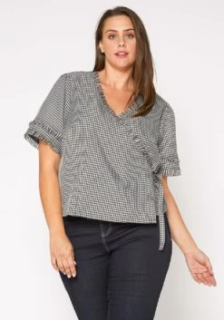 Nurode Plus Size Womens Fringe Trim Gingham Wrap Blouse