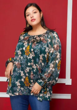 Pleione Plus Size Sheer Printed Blouse With Self-Tie Sleeve