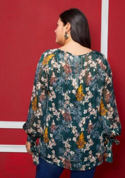 Pleione Plus Size Sheer Printed Blouse With Self-Tie Sleeve -Curve Elegance Shop 2004340 483 3