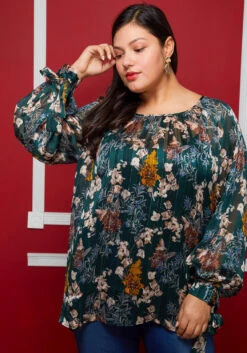 Pleione Plus Size Sheer Printed Blouse With Self-Tie Sleeve -Curve Elegance Shop 2004340 483 4