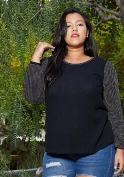 Pleione Plus Size Women's Ribbed Round Neck Holiday Top