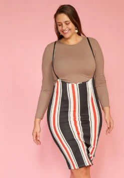 Asoph Plus Size Stripe Suspender Midi Skirt
