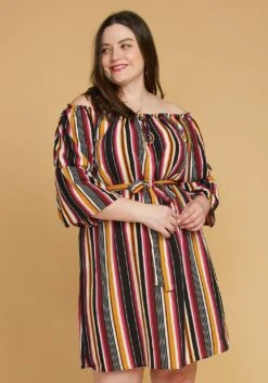 Asoph Plus Size Stripe Off Shoulder Casual Dress