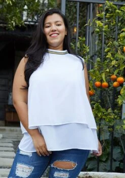 Pleione Plus Size Layered Mock Neck Sleeveless Chiffon Blouse