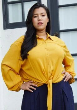 Pleione Plus Size Pleated Tie Hem Button Down Blouse