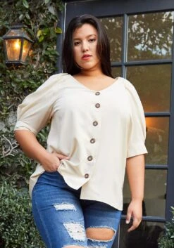 Pleione Plus Size Puff Shoulder Button Down Blouse