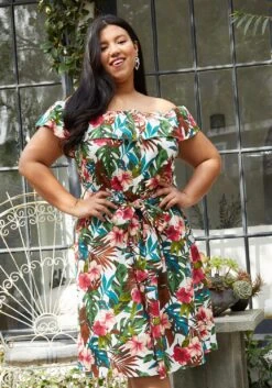 Pleione Plus Size Tropical Off Shoulder Button Down Dress