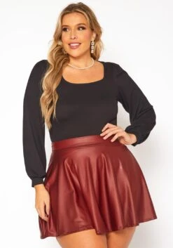 Plus Size Faux Leather High Waist Circle Skirt -Curve Elegance Shop 2010402 111 0
