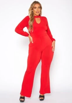 Plus Size Keyhole Front Flare Leg Jumpsuit