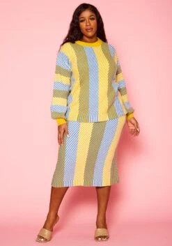 Pleione Plus Size Multi Stripe Midi Knit Skirt -Curve Elegance Shop 2012143 105 6