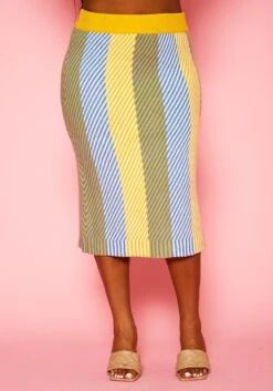 Pleione Plus Size Multi Stripe Midi Knit Skirt -Curve Elegance Shop 2012143 105 7