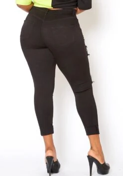 Vibrant Plus Size Stripe Distressed Black Denim Skinny Jean -Curve Elegance Shop 2013643 001 3