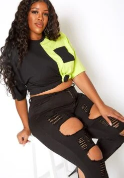 Vibrant Plus Size Stripe Distressed Black Denim Skinny Jean