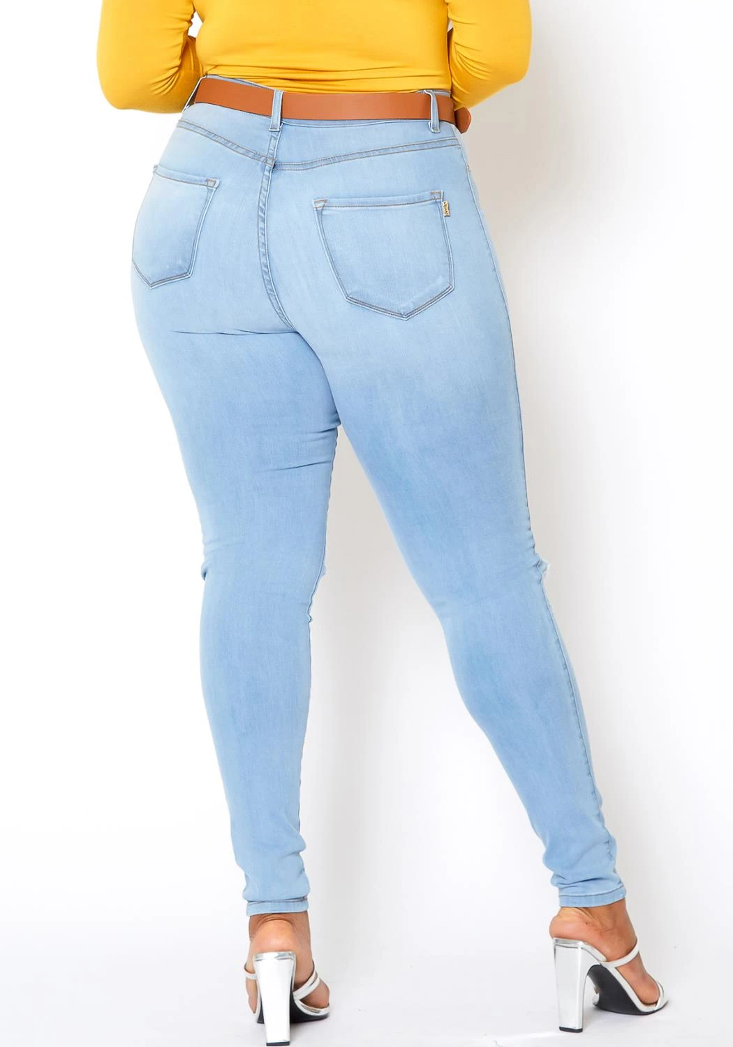 Vibrant Plus Size Classic Light Blue Washed Knee Rip Denim Jeans 8 Vibrant Plus Size Classic Light Blue Washed Knee Rip Denim Jeans - Image 6