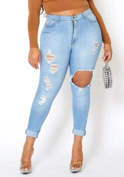 Vibrant Plus Size Womens Light Wash Distressed Denim Jeans