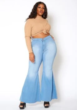 Vibrant Plus Size Retro Flare Raw Hem Denim Jean