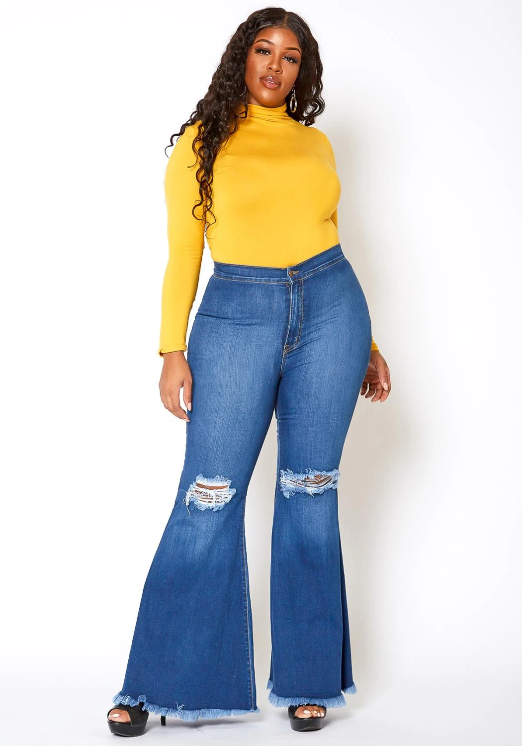 Vibrant Plus Size Knee Distressed Retro Bell Bottom Jean 4 Vibrant Plus Size Knee Distressed Retro Bell Bottom Jean - Image 2