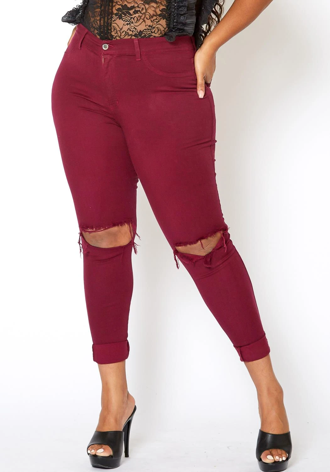 Vibrant Mid Rise Knee Distressed Plus Size Skinny Jean 4 Vibrant Mid Rise Knee Distressed Plus Size Skinny Jean - Image 2