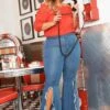 Vibrant Plus Size Blue Washed 90s Bell Bottom Fringe Slit Jean -Curve Elegance Shop 2013674 938 7