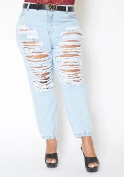 Vibrant Plus Size Light Wash Destroyed Boyfriend Jeans