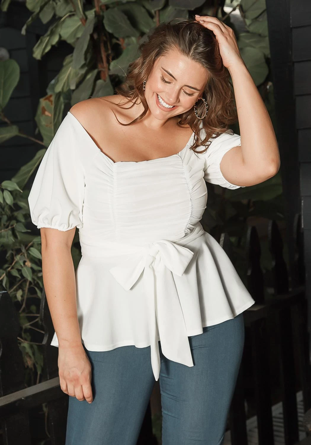 Asoph Plus Size Off Shoulder Chiffon Smocked Peplum Blouse 3 Asoph Plus Size Off Shoulder Chiffon Smocked Peplum Blouse