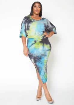 Asoph Plus Size Ocean Tie Dye Crop Top & Tank Midi Dress Set