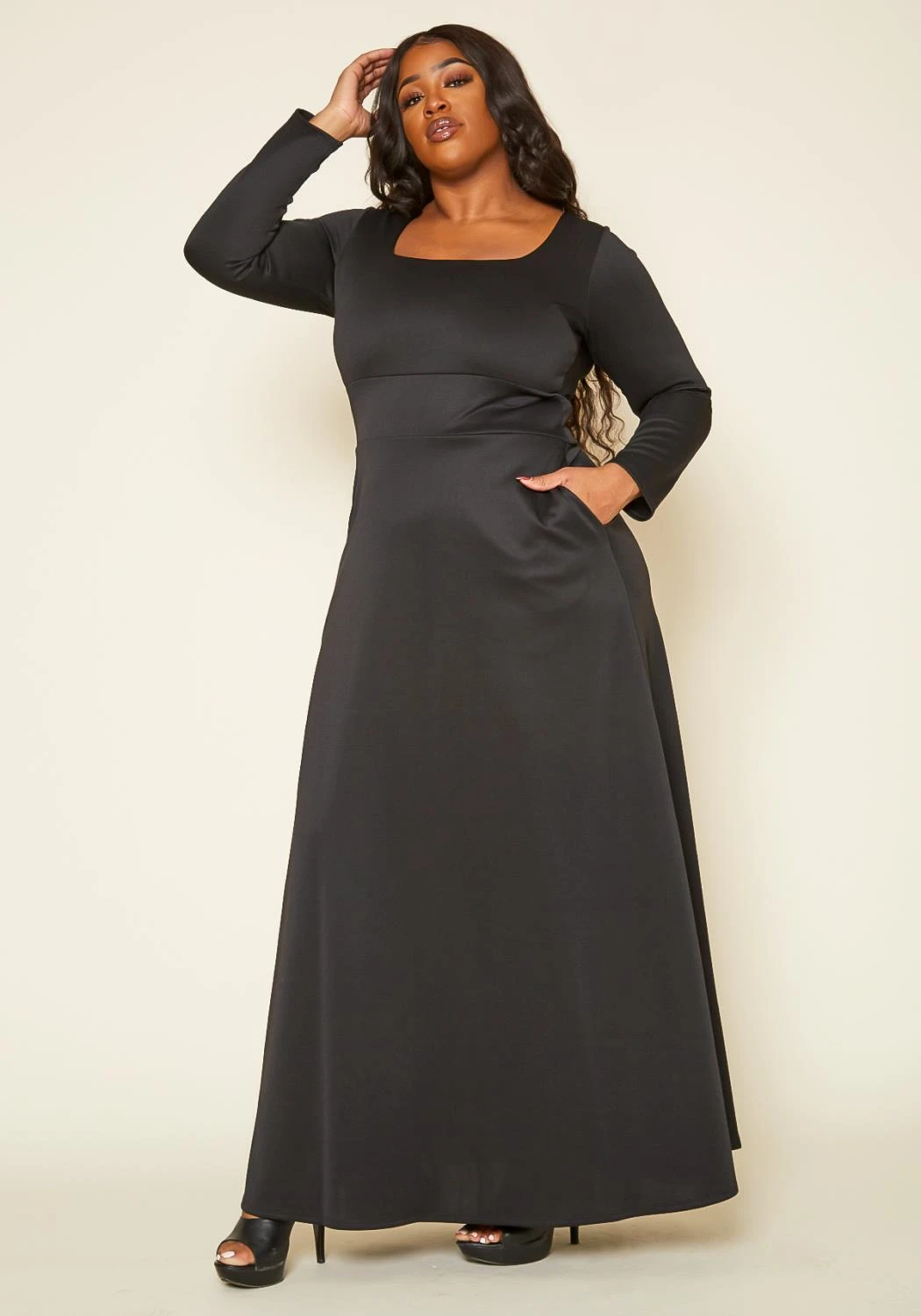 Plus Size Classic Square Neck Long Sleeve Maxi Dress 5 Plus Size Classic Square Neck Long Sleeve Maxi Dress - Image 3