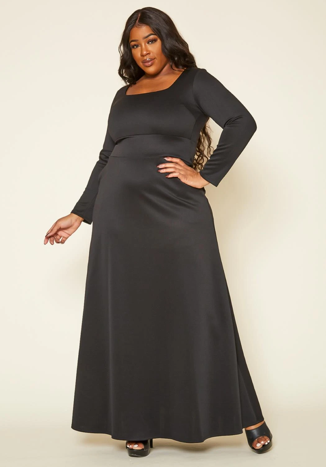 Plus Size Classic Square Neck Long Sleeve Maxi Dress 4 Plus Size Classic Square Neck Long Sleeve Maxi Dress - Image 2