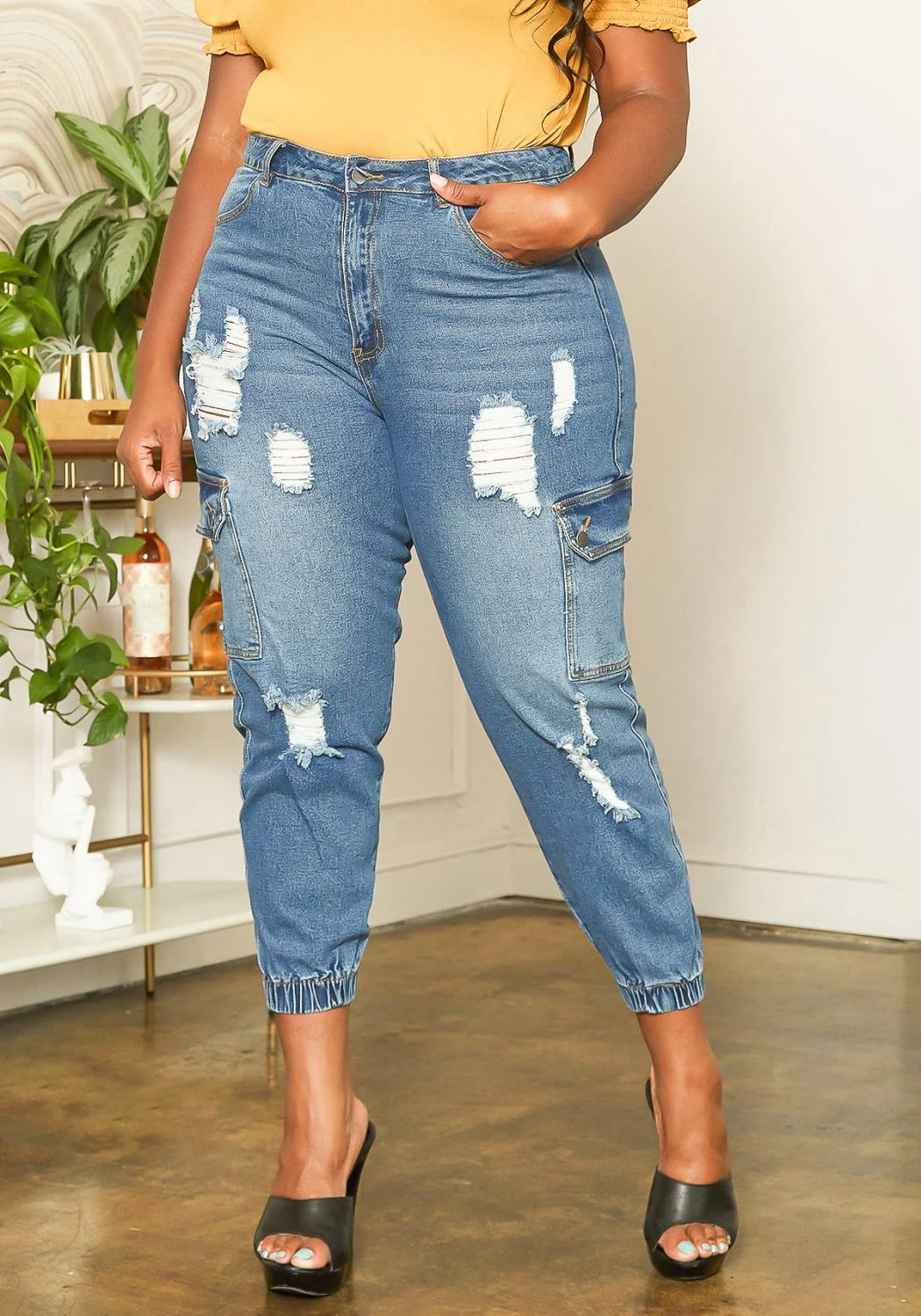 Asoph Plus Size Distressed Denim Cargo Mom Jeans 4 Asoph Plus Size Distressed Denim Cargo Mom Jeans - Image 2