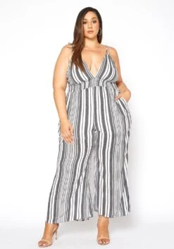 Asoph Plus Size Multi Striped Flare Leg Cami Jumpsuit