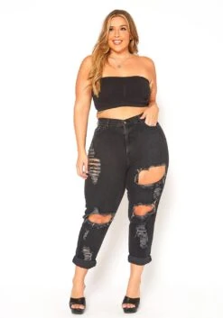 Vibrant Plus Size Distressed Raw Hem Mom Jeans -Curve Elegance Shop 2016129 001 1
