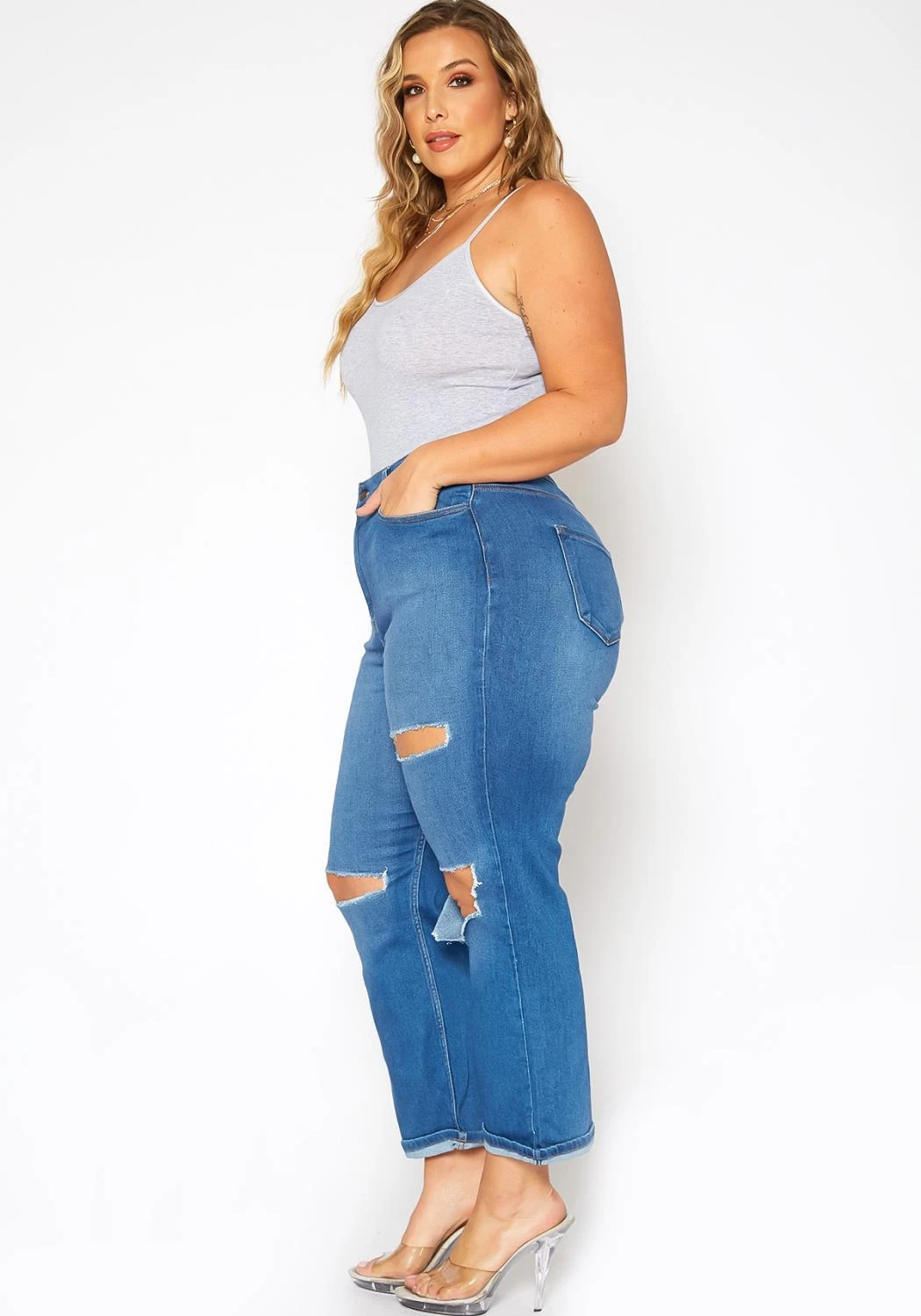 Vibrant Plus Size Distressed Vintage Denim Mom Jean 5 Vibrant Plus Size Distressed Vintage Denim Mom Jean - Image 3