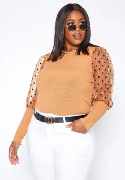 Asoph Plus Size Polka Dot Mesh Puff Sleeve Top