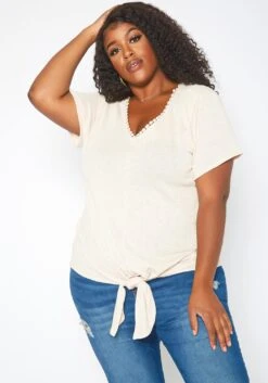 Asoph Plus Size Crochet Trim V Neck Shirt