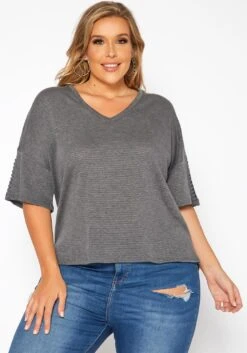 Asoph Plus Size Comfy Knit V Neck Tee Shirt