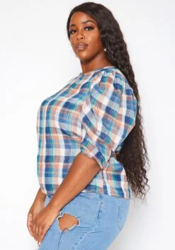 Asoph Plus Size Tartan Plaid Print Puff Sleeve Top -Curve Elegance Shop 2018051 128 2