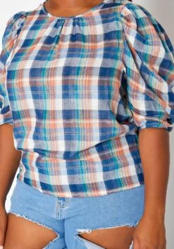 Asoph Plus Size Tartan Plaid Print Puff Sleeve Top -Curve Elegance Shop 2018051 128 4