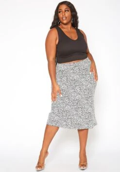 Asoph Plus Size Leopard Print High Waist Midi Skirt