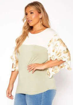 Asoph Plus Size Floral Sleeve Color Block Shirt -Curve Elegance Shop 2018205 151 1