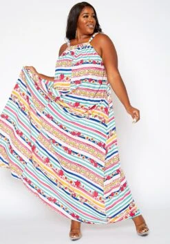 Asoph Plus Size Floral Striped Maxi Flare Dress