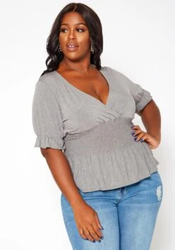 Asoph Plus Size Smocked V Neck Top