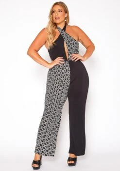 Asoph Plus Size Print Splice Halter Neck Jumpsuit