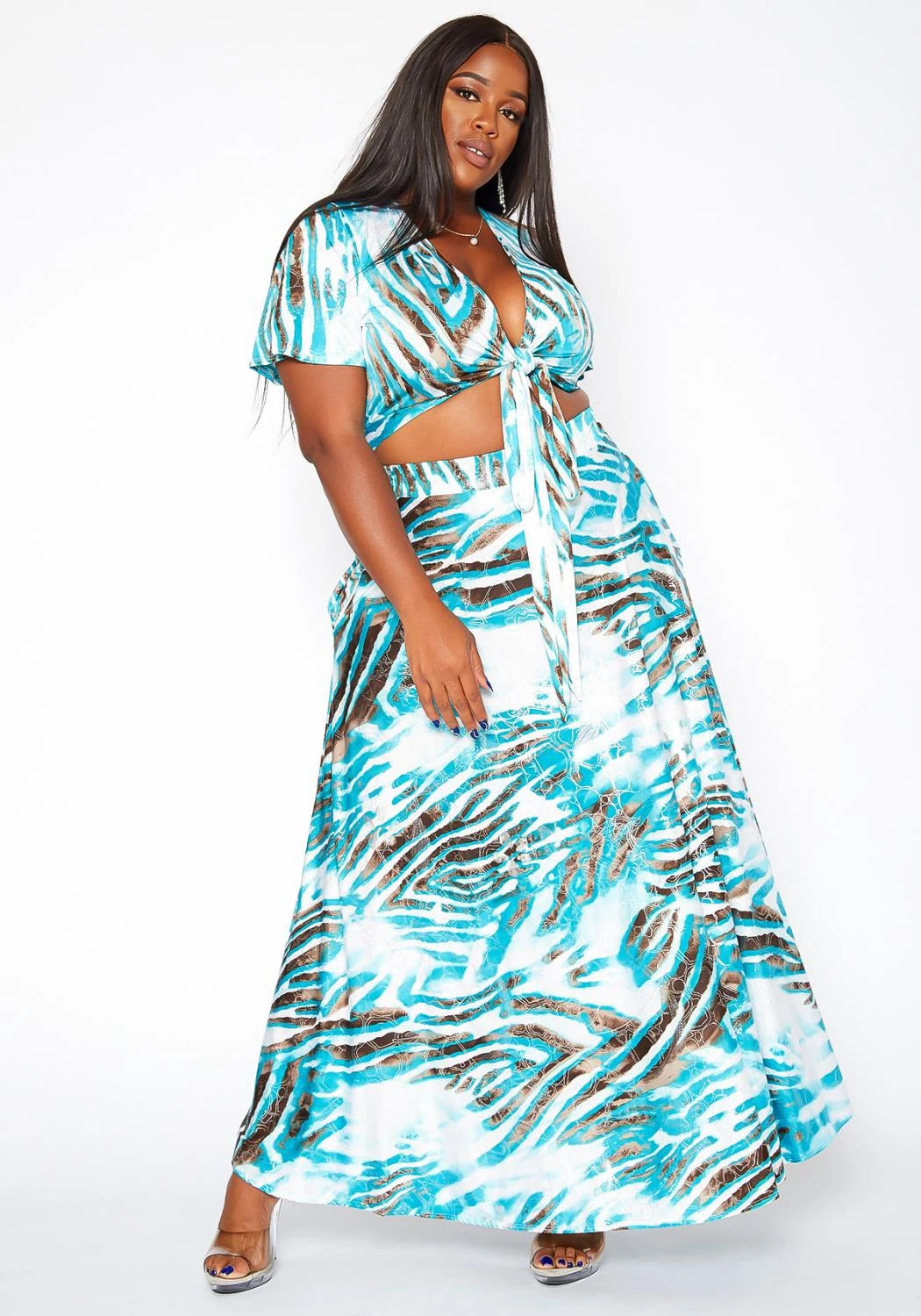 Asoph Plus Size Silver Lining Crop Top & Flare Maxi Skirt Set 4 Asoph Plus Size Silver Lining Crop Top & Flare Maxi Skirt Set - Image 2