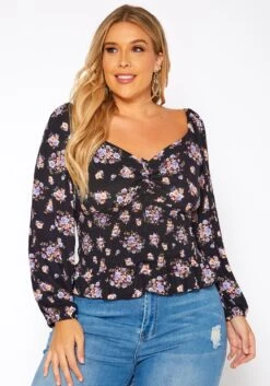 Asoph Plus Size Floral Print Smocked V Neck Top -Curve Elegance Shop 2018580 001 0