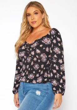 Asoph Plus Size Floral Print Smocked V Neck Top -Curve Elegance Shop 2018580 001 2