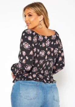 Asoph Plus Size Floral Print Smocked V Neck Top -Curve Elegance Shop 2018580 001 3