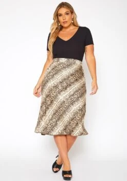 Asoph Plus Size Snakeskin Print Satin Midi Skirt